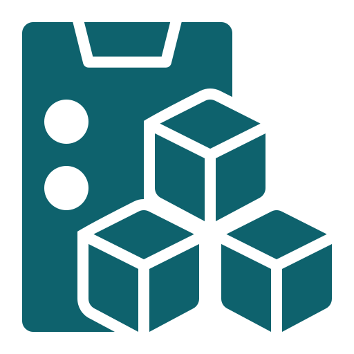 A blue icon of three cubes next to a file cabinet.